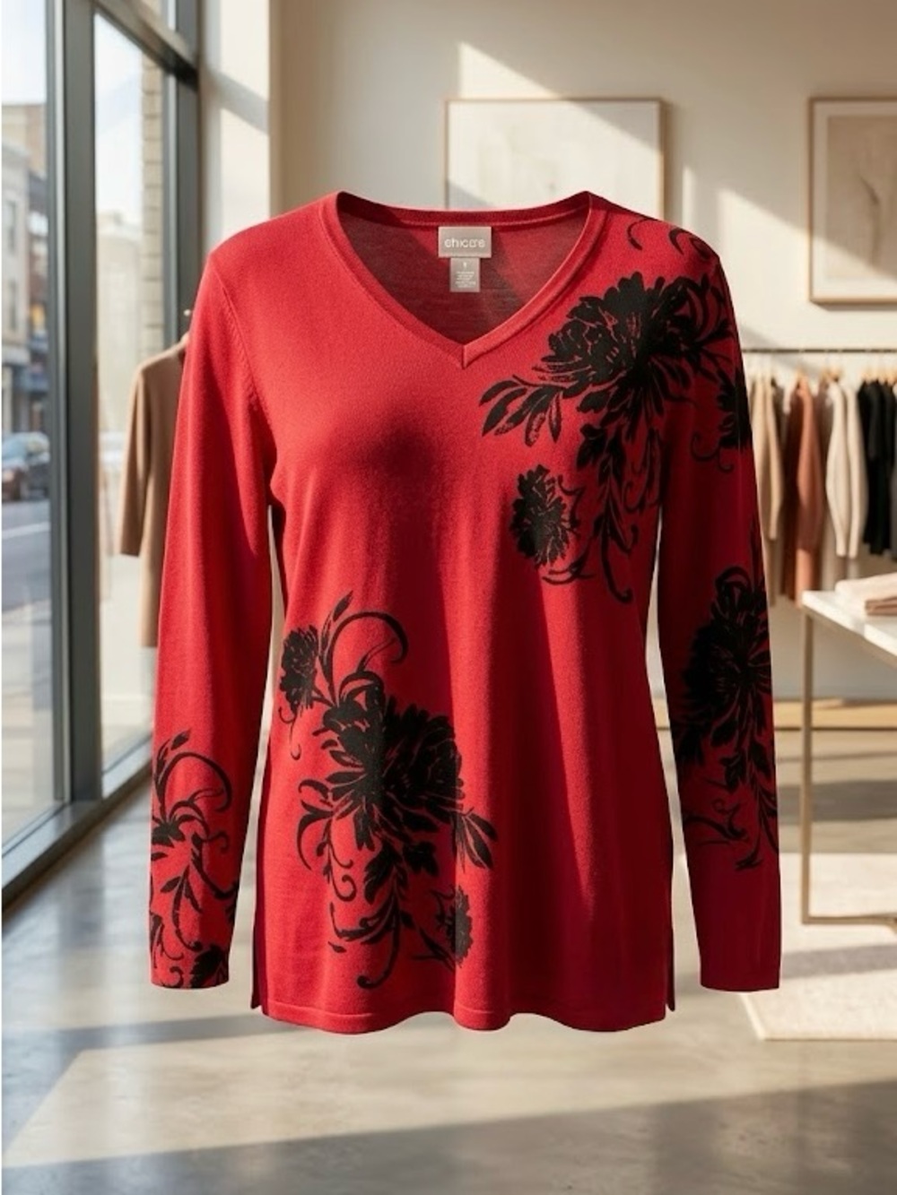 Chico's Red V-Neck Knit Sweater with Black Floral Graphic | Size 1 (Medium)
